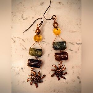 Nile Priestess' Sacred Green & Brown Garnets In Antique Copper Artisan Earrings